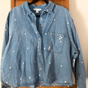 NWT Blue Denim Crop Shirt with White Floral Embroidery